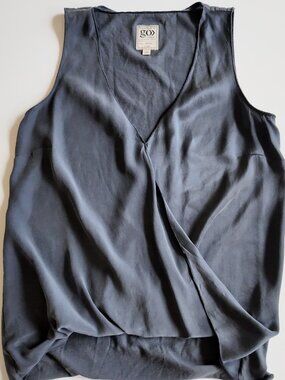 Go Silk Blouse Draped Crossover Sleeveless Silk Slate Grey Size XS